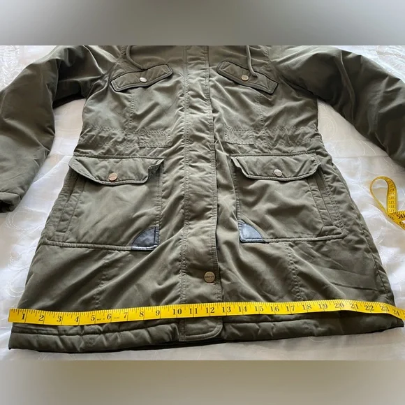 DKNY Women’s Large Hunter Green Faux Fur Lined Hood Button/Zip Coat - Picture 8 of 16